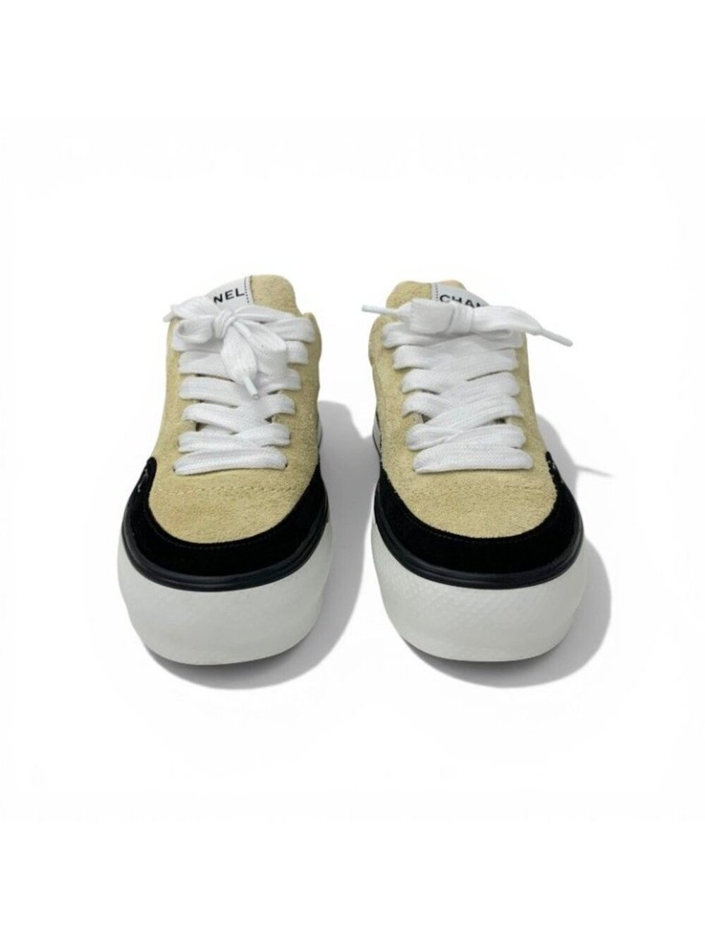 Chanel Sneakers Shoes Suede Beige Black White CC Logo - Picture 2 of 10